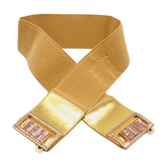 New Women Gold Elastic Wide Fashion Belt Bling Metal Square Buckle S M z089 - Picture 9 of 17